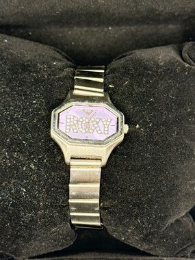 Roxy Womens Silver Tone Octagonal Watch Purple Rhinestone Logo RX445